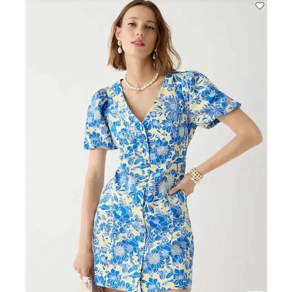 J.Crew‎ Button Front Puff Sleeve Mini Dress Blue Floral Yellow Bridal  Size 16